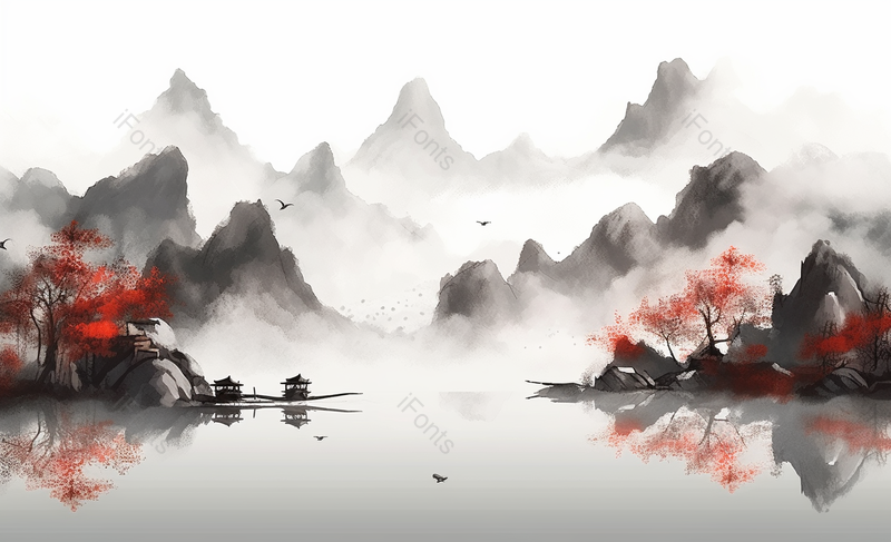 山水河流复古风意境自然景观中国风水墨画,插画/手绘图,插画/手绘图库,插画/手绘图下载,插画/手绘